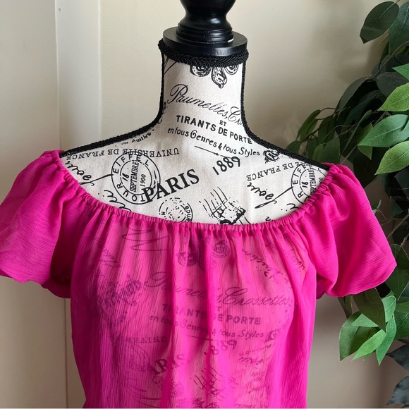 Mandee Sheer Off-Shoulder Ruffle Hem Top Pink Sz L - Picture 3 of 16